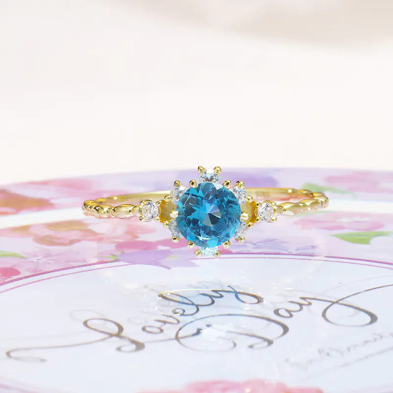 Bague en zircon de topaze bleu naturel en argent S925 pour femmes