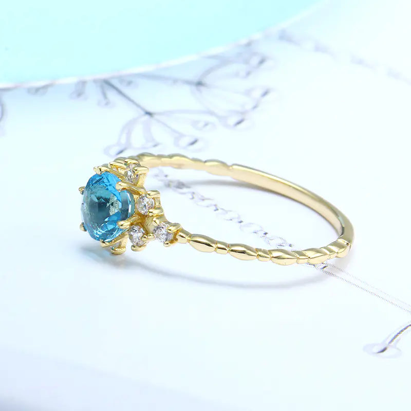 Bague en zircon de topaze bleu naturel en argent S925 pour femmes