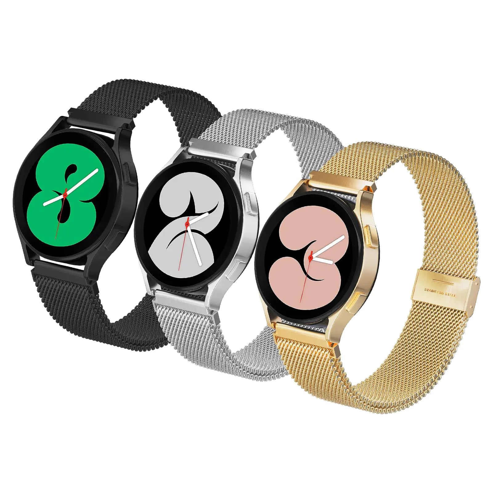 GinCoband Galaxy Watch 4 Band 3-Pack 20mm Bracelet en maille d’acier inoxydable pour Galaxy Watch 6 Band/Galaxy Watch 5 Band/Watch 5 Pro 45mm/Galaxy Active 2 Watch Band/Galaxy Watch 3 Band/Galaxy Watch 42mm (Noir/Argent/Or)