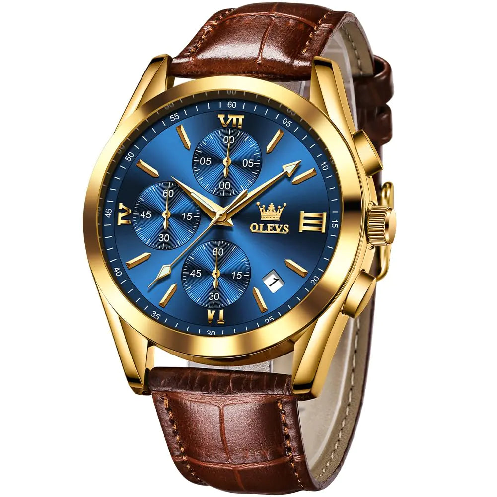 Montre OLEVS pour hommes Numéro Grand cadran Bracelet en cuir marron Montre multifonctionnelle Chronographe Montre-bracelet Date Lumineuse Étanche Montre Homme Bleu