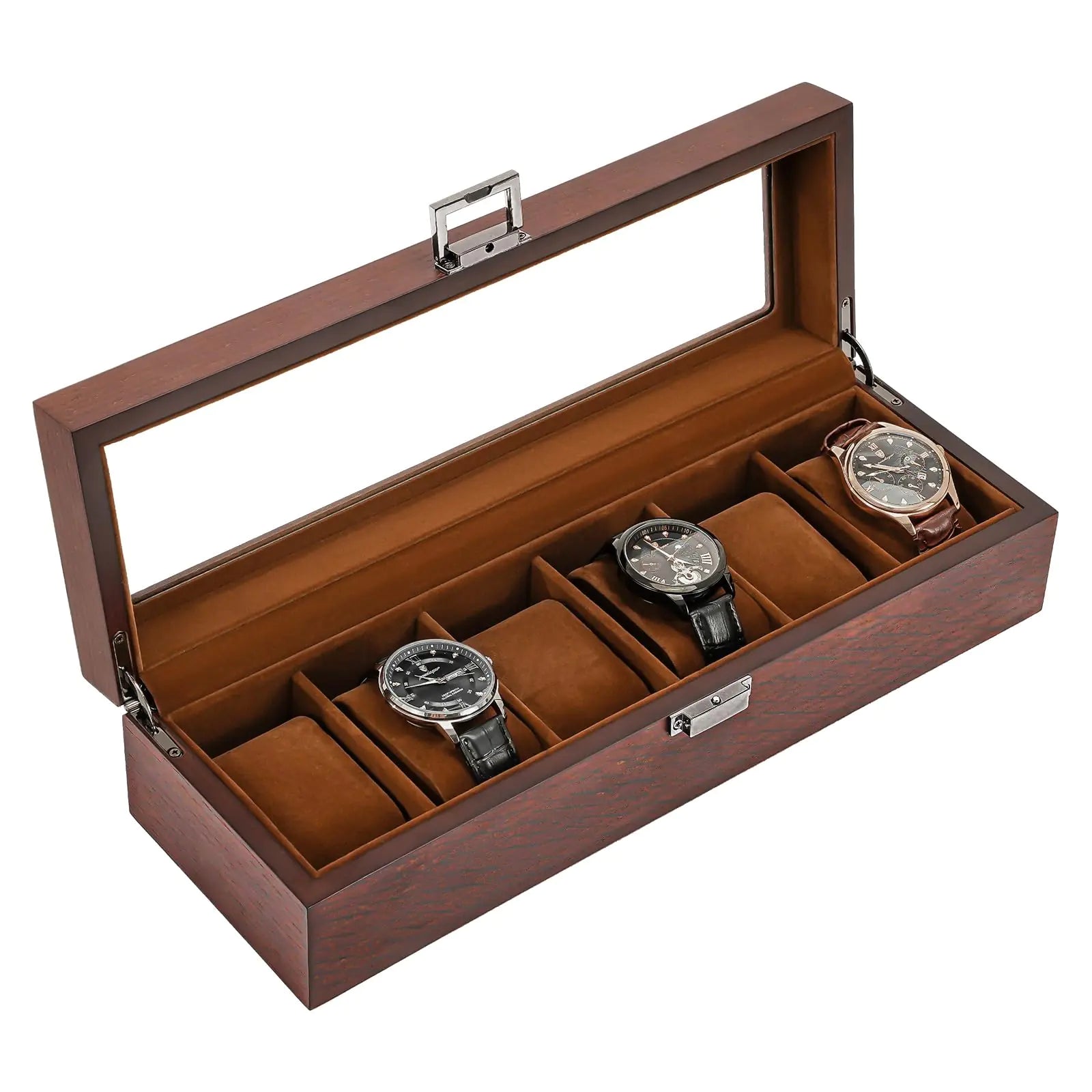 Boîte de montre en bois ProCase pour hommes Vitrine de montre à 6 emplacements Organisateur de boîte de montre pour hommes Étui de montre en bois pour hommes Rangement de montre Organisateur de porte-montre avec couvercle en verre -6 fentes Espresso